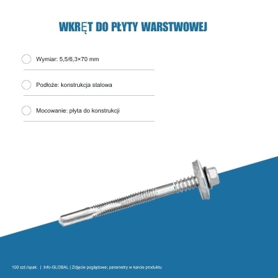 Wkręt do płyty warstwowej Info-GLOBAL AR12 W CSG 5,5/6,3×70 mm, bez lakieru, 100 szt.